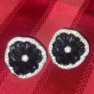 Vintage KENNETH J LANE Black Pansy & Rhinestoned POST Earrings